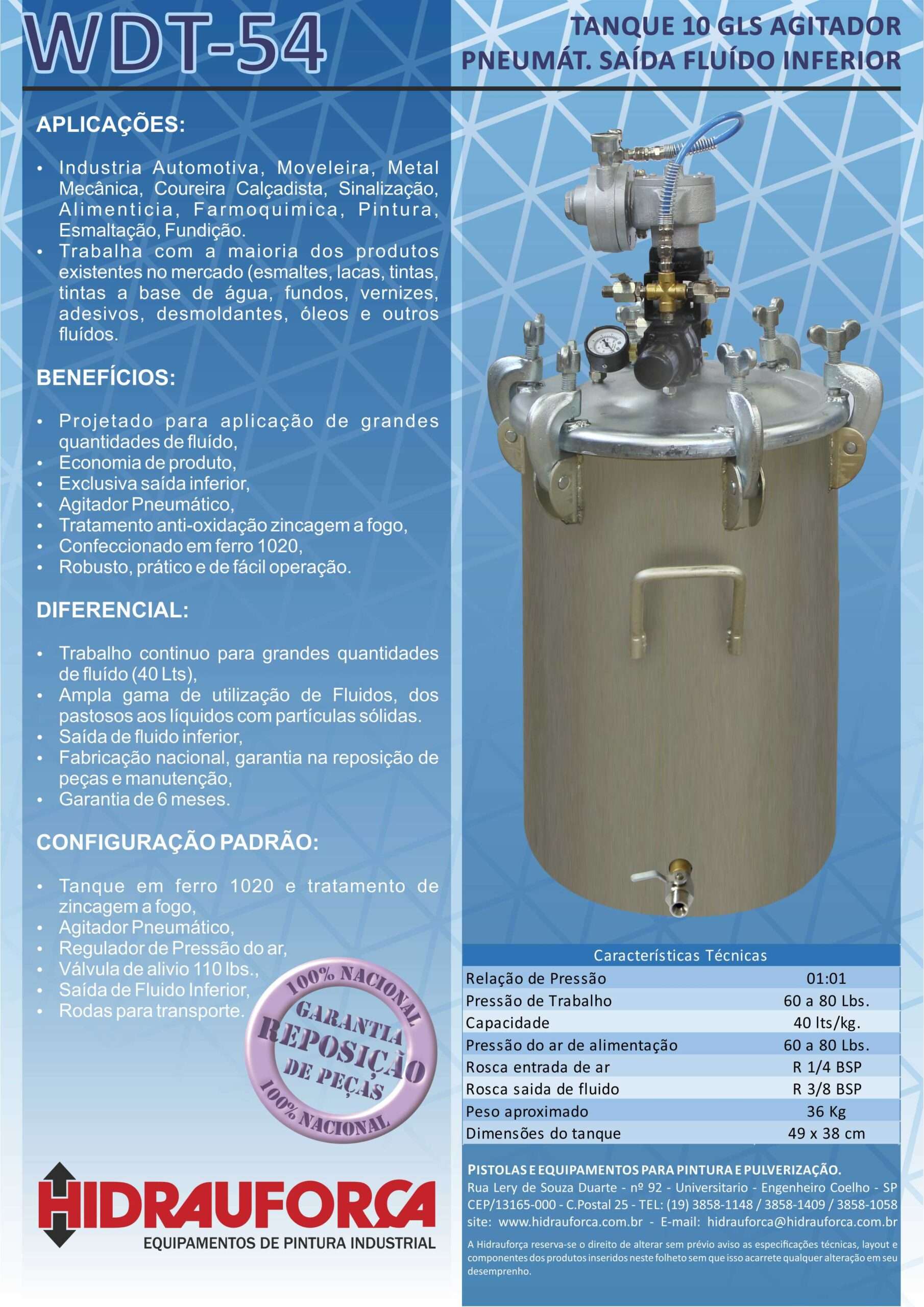 WDT-54 - TANQUE 10 GLS (40LTS) EM AÇO CARBONO SAÍDA INFERIOR COM AGITADOR PNEUMÁTICO - Image 3