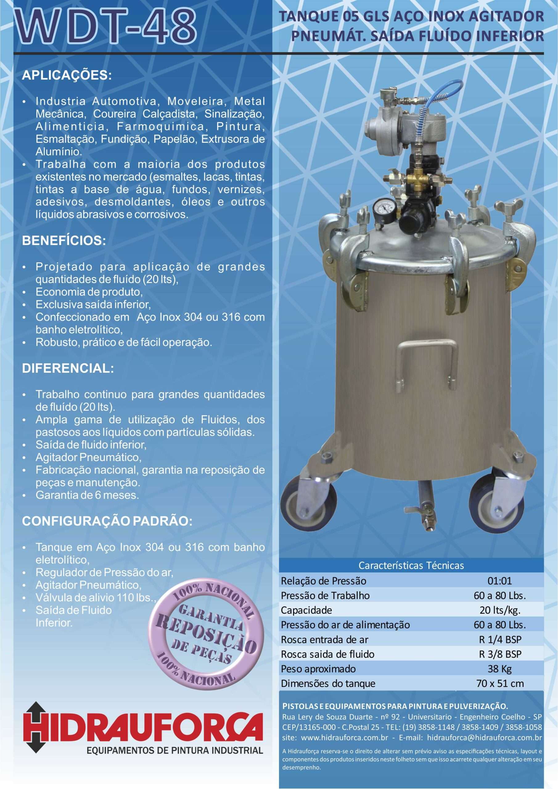 WDT-48 - TANQUE 05 GLS (20LTS) EM AÇO INOX SAÍDA INFERIOR COM AGITADOR PNEUMÁTICO - Image 3